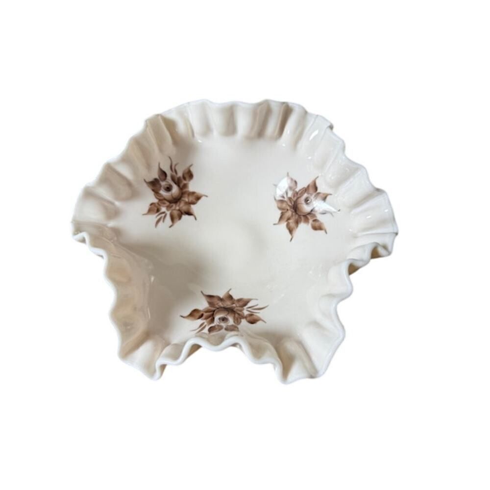 Vintage Fenton Beige & Brown Flowers Footed and Ruffled 8"